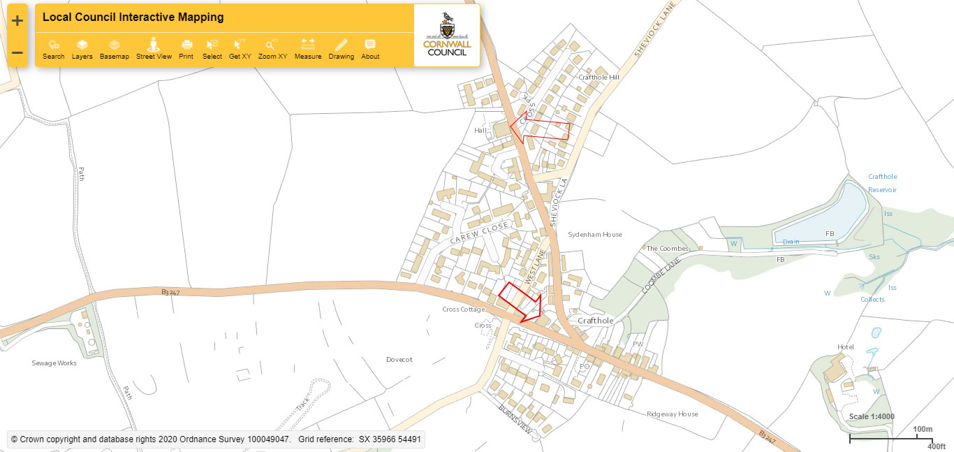 Map showing location of the defibrillators in Crafthole