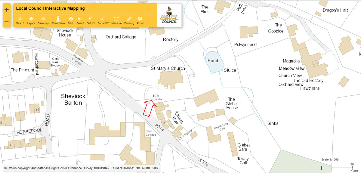 Map showing location of the defibrillator in Sheviock village