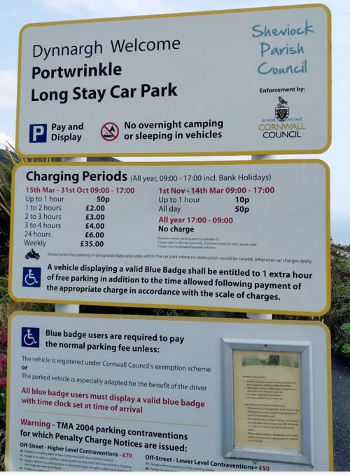 Portwrinkle Long Stay Car Park tariff sign