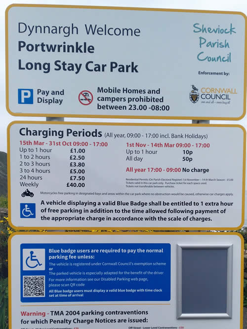 Portwrinkle Long Stay Car Park tariff sign